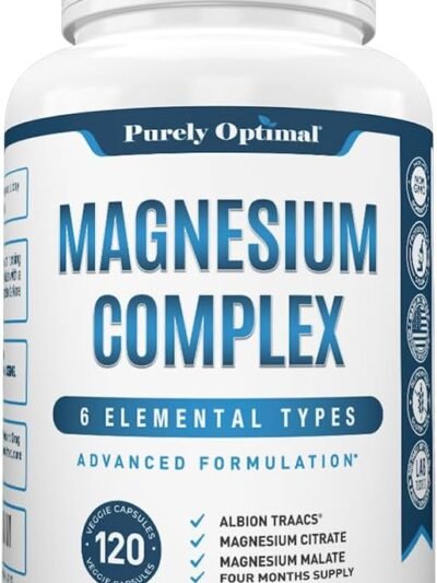 purely optimal magnesium complex 6 forms magnesium glycinate, citrate & malate sleep support, stress relief, muscles, heart health & relaxation magnesium supplement for women & men, 120 caps