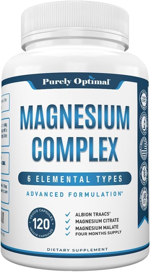 Home purely optimal magnesium complex 6 forms magnesium glycinate, citrate & malate sleep support, stress relief, muscles, heart health & relaxation magnesium supplement for women & men, 120 caps