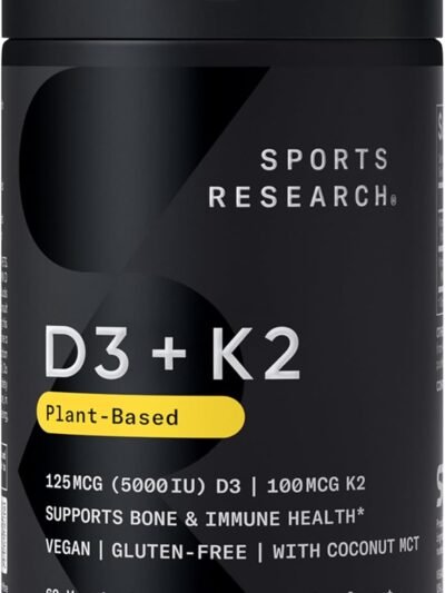 sports research® vitamin d3 + k2 w/ coconut oil vegan vitamin d 5000iu & mk7 vitamin k 100mcg for bone & immune support vegan certified · non gmo · soy free 60 softgels