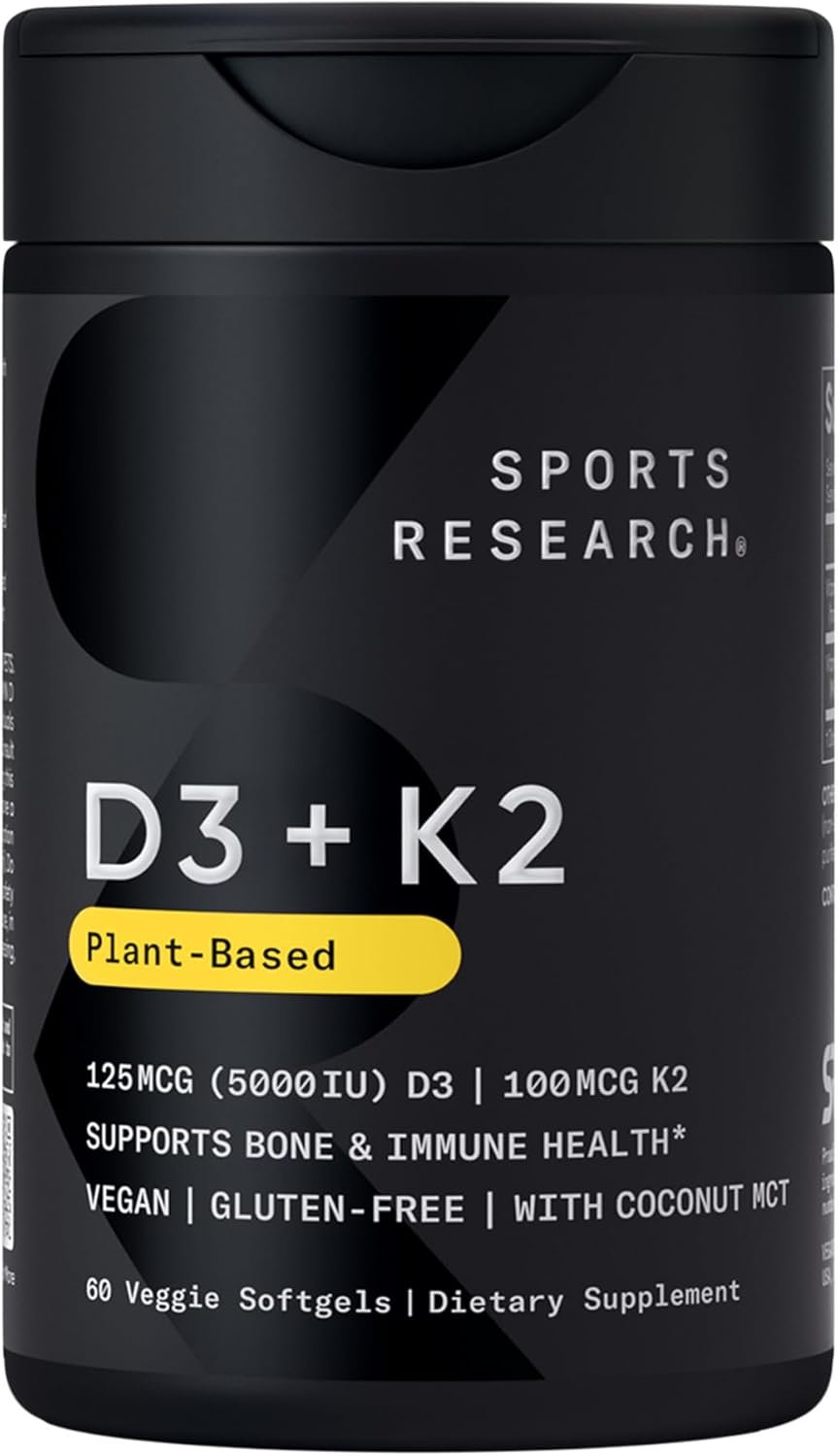 Home sports research® vitamin d3 + k2 w/ coconut oil vegan vitamin d 5000iu & mk7 vitamin k 100mcg for bone & immune support vegan certified · non gmo · soy free 60 softgels