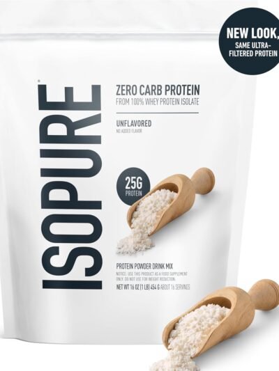 isopure zero carb 100% pure whey isolate protein powder, lactose free, gluten free, with vitamins, unflavored, 25g protein per serving, 1 lb, 16 servings