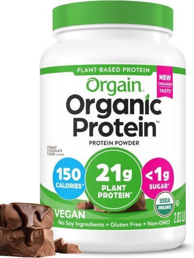 orgain organic vegan protein powder, creamy chocolate fudge 21g plant protein, 6g prebiotic fiber, low net carb, no lactose ingredients, no added sugar, non gmo, for shakes & smoothies, 2.03 lb