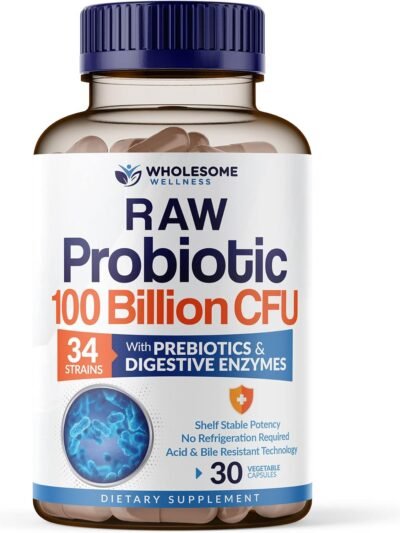 wholesome wellness organic raw probiotics 100 billion cfu, dr formulated for women and men, complete adult supplement with prebiotics and digestive enzymes; 30 capsules, shelf stable