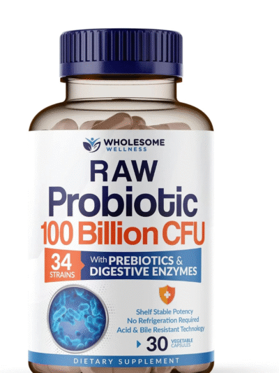 wholesome wellness organic raw probiotics 100 billion cfu, dr formulated for women and men, complete adult supplement with prebiotics and digestive enzymes; 30 capsules, shelf stable